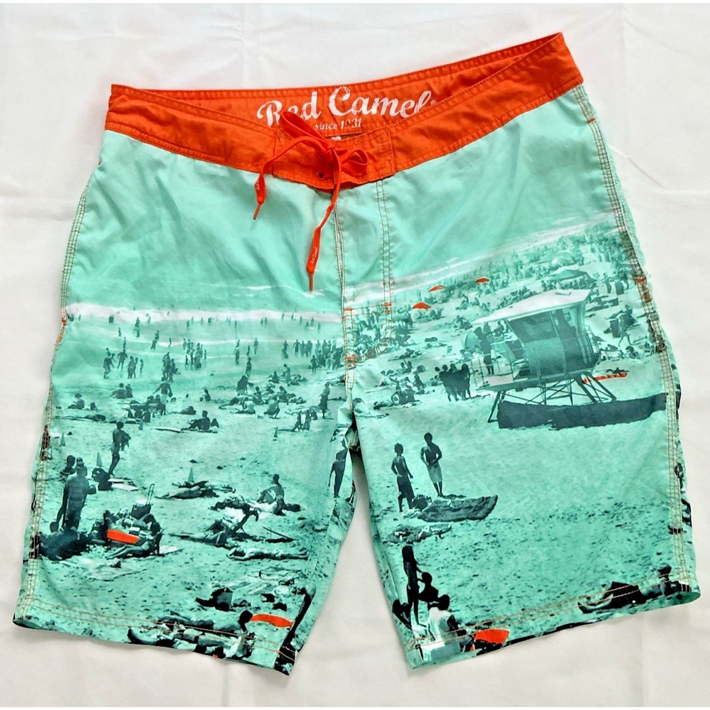 Red Camel Board Shorts Mens 36 Teal Graphic Vintage Beach Scene Orange Trim